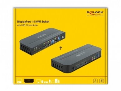 DisplayPort 1.4 KVM perjungėjas 2>1, USB3.0, 8K 30Hz, audio 2