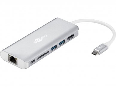 Keitiklis USB-C į 2xUSB 3.0, HDMI, CR, RJ45, PD